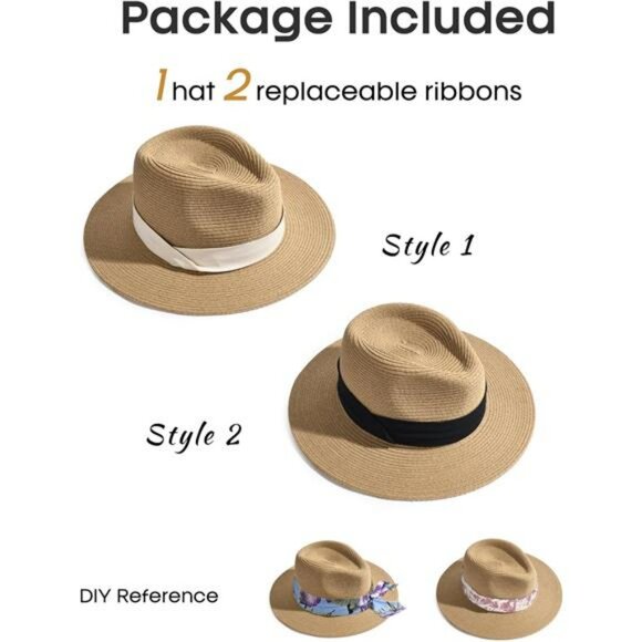 Panama straw sun hat wide brim fedora beach hat UV protection summer travel - Picture 2 of 7